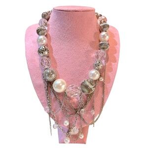 Beaded Pearl & Silver Chains‎ Drape Statement Necklace